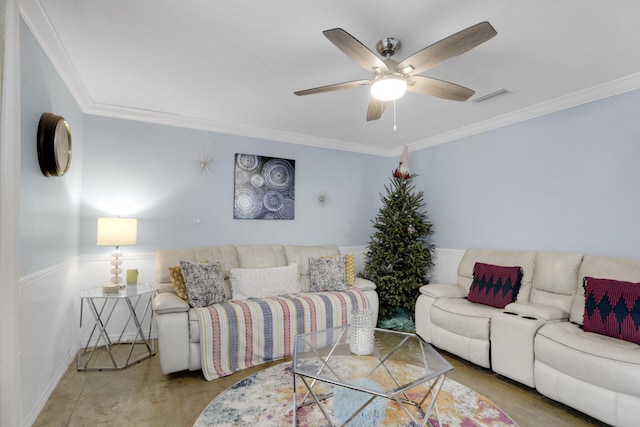 29 Santa Pine St, Santa Rosa Beach, FL 32459 - living room featuring ceiling fan and ornamental molding