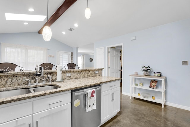 29 Santa Pine St, Santa Rosa Beach, FL 32459 - kitchen with dishwasher, vaulted ceiling with beams, light stone counters, pendant lighting, and white cabinets
