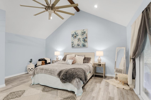 29 Santa Pine St, Santa Rosa Beach, FL 32459 - bedroom with beam ceiling, high vaulted ceiling, light hardwood / wood-style flooring, and ceiling fan