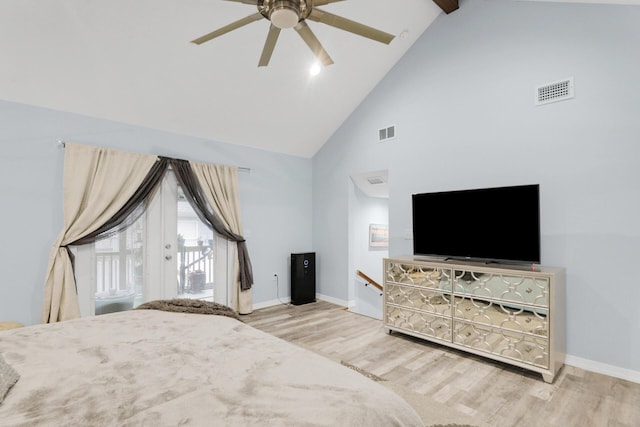 29 Santa Pine St, Santa Rosa Beach, FL 32459 - bedroom featuring ceiling fan, light hardwood / wood-style flooring, beamed ceiling, high vaulted ceiling, and access to outside