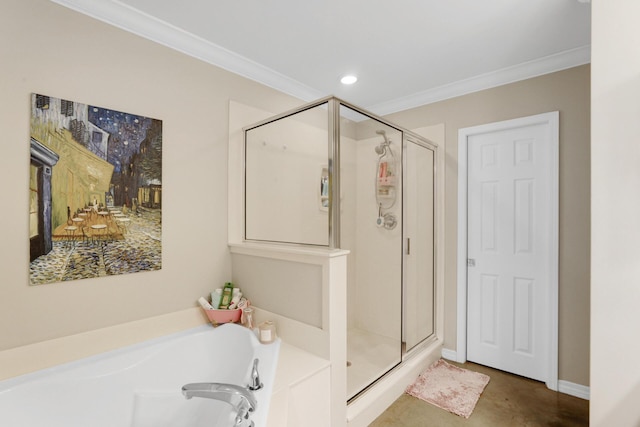 29 Santa Pine St, Santa Rosa Beach, FL 32459 - bathroom featuring tile patterned flooring, separate shower and tub, and ornamental molding