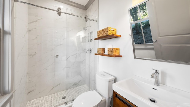 bathroom featuring vanity, a shower with shower door, and toilet