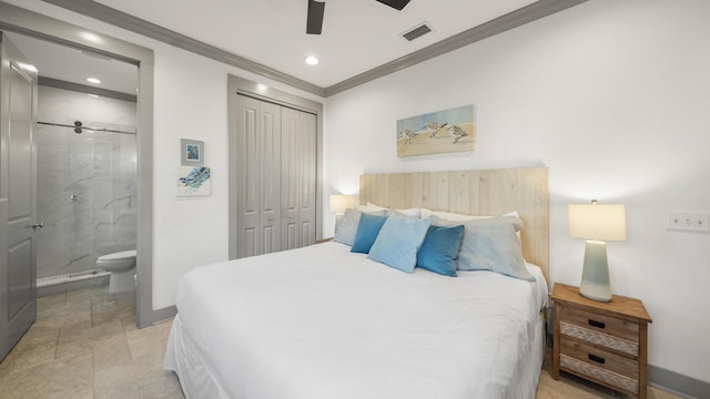 bedroom with ceiling fan, a closet, ensuite bathroom, and ornamental molding