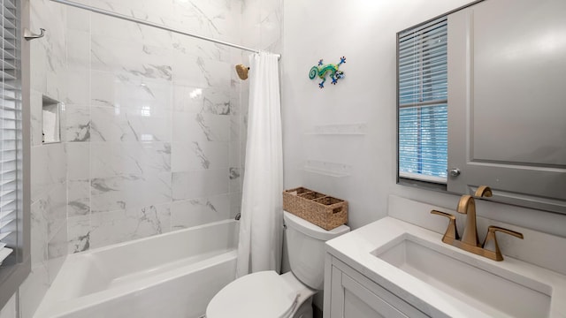 full bathroom with vanity, toilet, and shower / bathtub combination with curtain