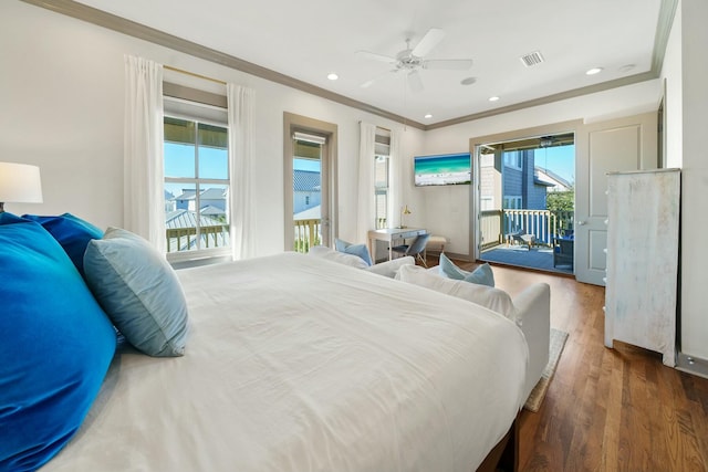 bedroom featuring access to exterior, ceiling fan, dark wood-type flooring, and multiple windows