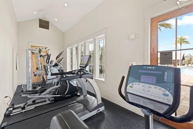 workout area featuring lofted ceiling