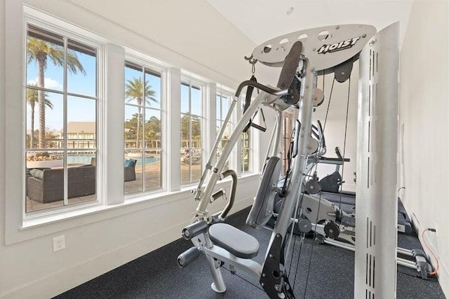 workout area with vaulted ceiling