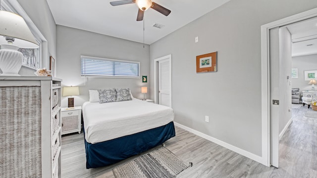 bedroom featuring light wood-type flooring and ceiling fan