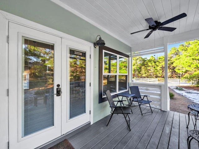 sunroom featuring french doors, wooden ceiling, and ceiling fan