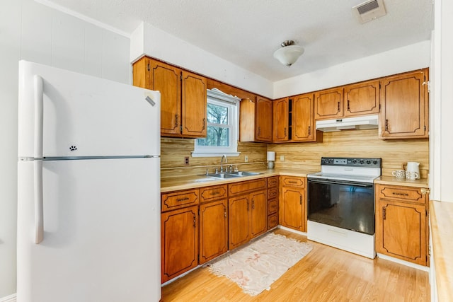 kitchen featuring decorative backsplash, white appliances, light hardwood / wood-style floors, and sink