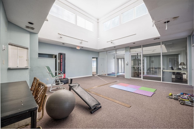 workout area with carpet flooring, a towering ceiling, and rail lighting