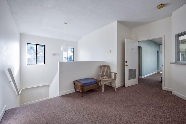 living area featuring dark colored carpet, a textured ceiling, and vaulted ceiling