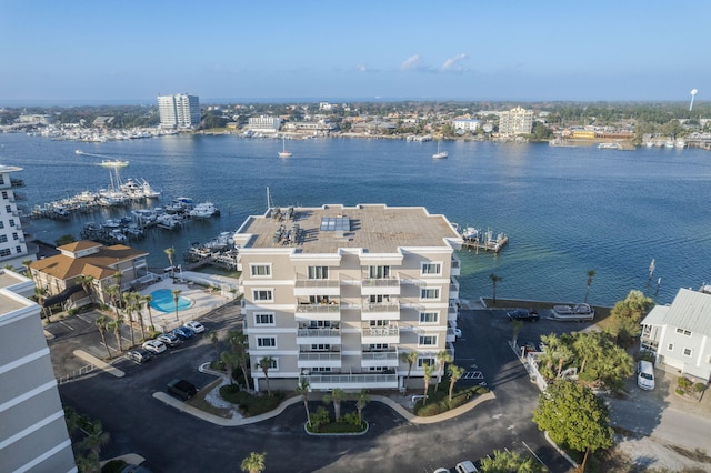 aerial view featuring a water view