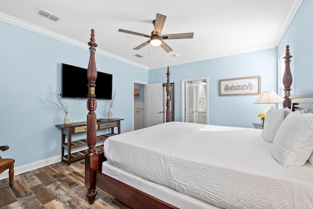 bedroom featuring ceiling fan, wood finished floors, visible vents, baseboards, and ornamental molding