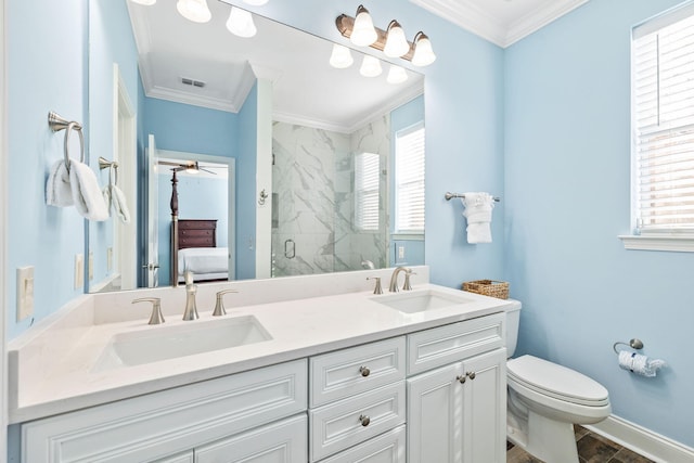 ensuite bathroom featuring crown molding, visible vents, a sink, and a marble finish shower