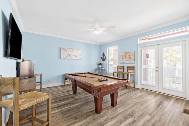 playroom featuring french doors, wood finished floors, billiards, and crown molding