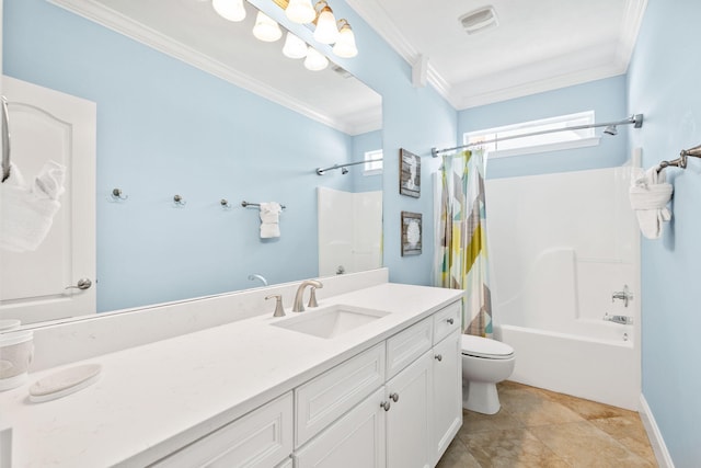 full bathroom featuring toilet, vanity, baseboards, shower / bath combination with curtain, and crown molding