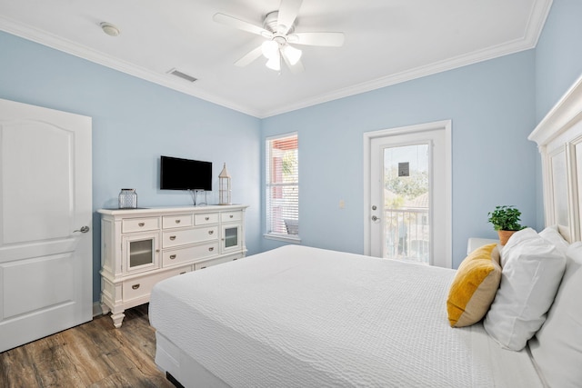 bedroom with ceiling fan, dark wood-style flooring, visible vents, access to exterior, and crown molding