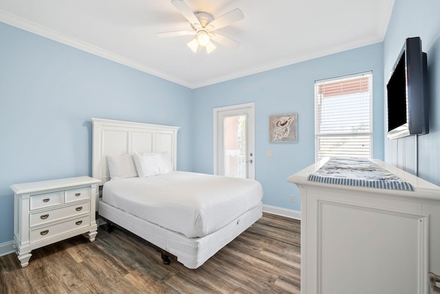 bedroom with dark wood-style floors, ceiling fan, ornamental molding, and baseboards