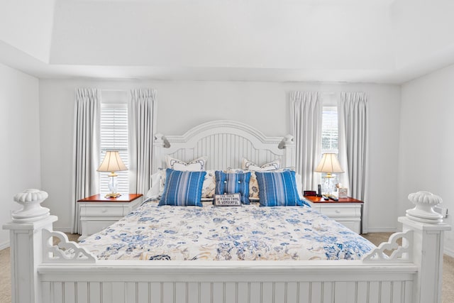 carpeted bedroom featuring a tray ceiling