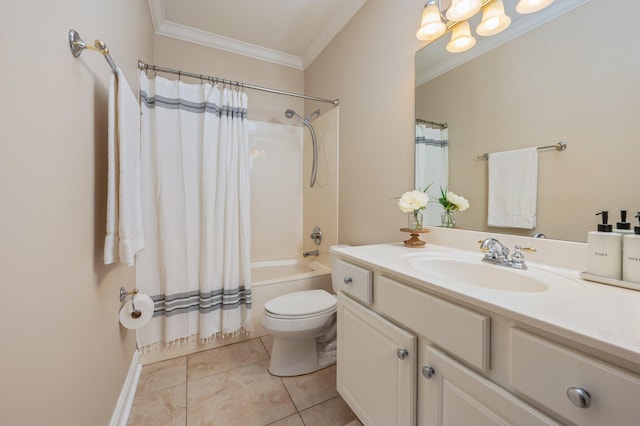 full bathroom featuring shower / tub combo, tile patterned floors, ornamental molding, vanity, and toilet