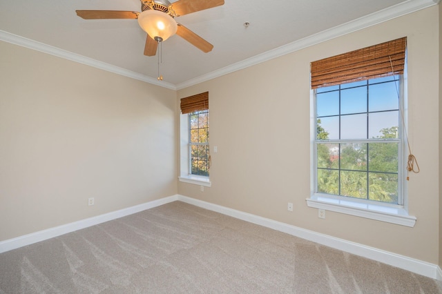 carpeted empty room featuring crown molding and ceiling fan