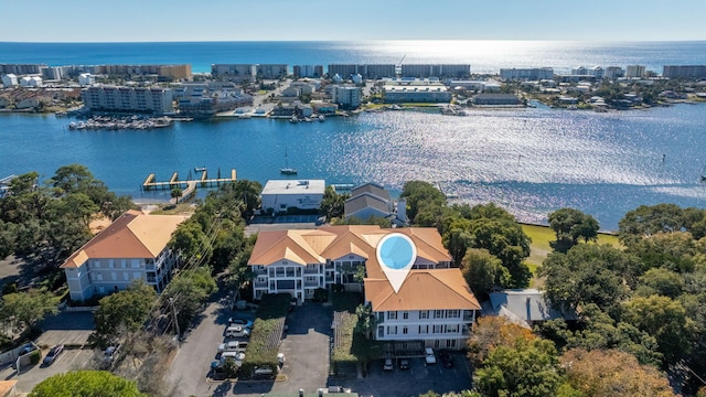 drone / aerial view featuring a water view