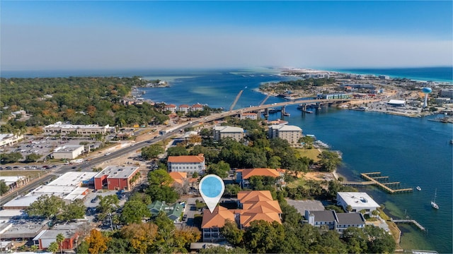 birds eye view of property featuring a water view