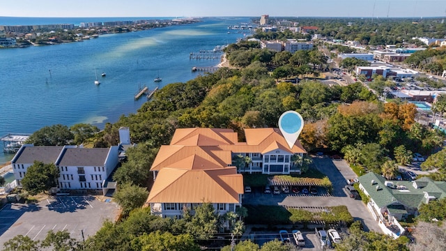 birds eye view of property featuring a water view