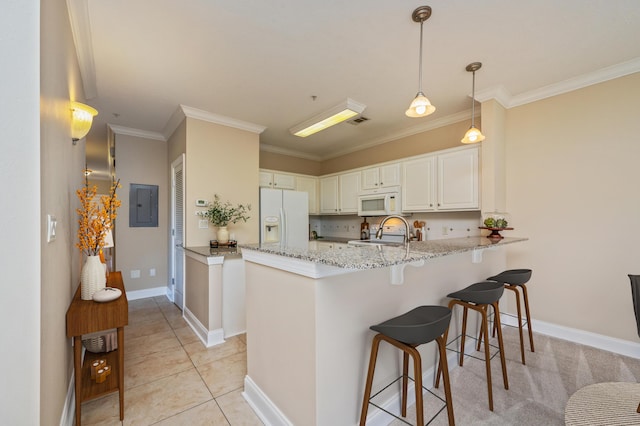 kitchen with white cabinetry, kitchen peninsula, electric panel, white appliances, and light tile patterned flooring