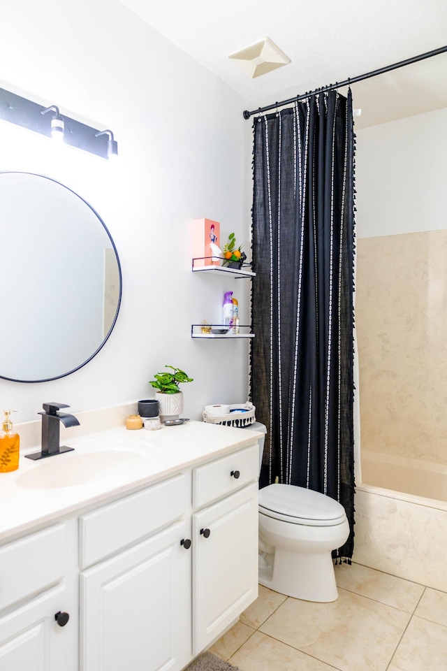 full bathroom with shower / bathtub combination with curtain, vanity, toilet, and tile patterned floors