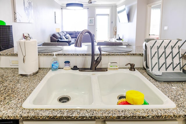 room details featuring light stone counters, white cabinetry, and a sink