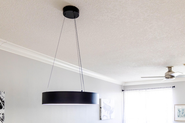 interior details with crown molding, a textured ceiling, and a ceiling fan