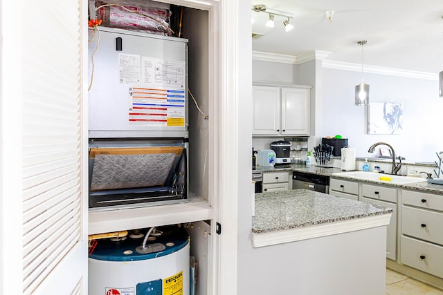 kitchen featuring ornamental molding, a sink, water heater, white cabinetry, and stainless steel dishwasher