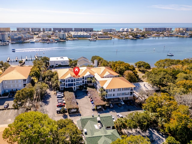 aerial view featuring a water view