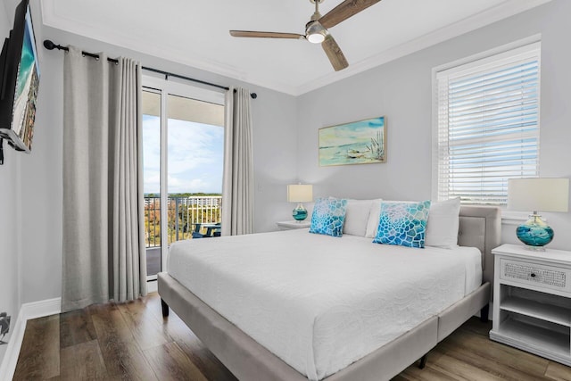 bedroom featuring ceiling fan, access to outside, and multiple windows