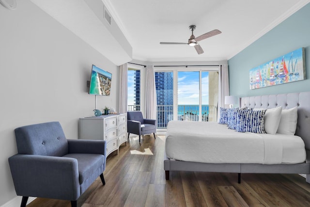 bedroom featuring access to exterior, ceiling fan, dark hardwood / wood-style floors, and ornamental molding