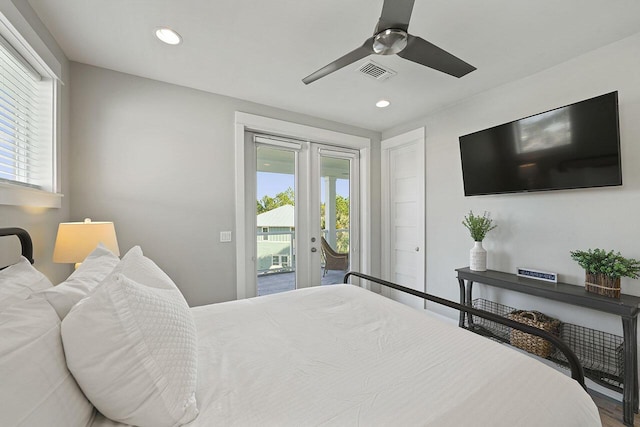 bedroom with access to exterior, ceiling fan, and hardwood / wood-style floors