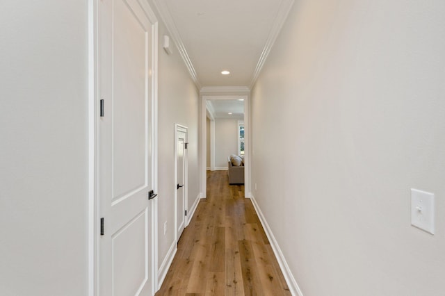 corridor featuring light hardwood / wood-style floors and crown molding