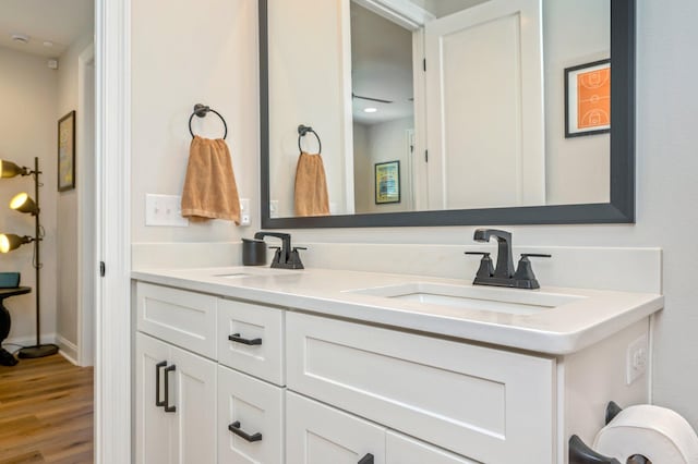 bathroom with vanity and wood-type flooring