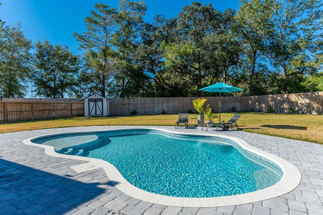 view of swimming pool with a lawn, a storage unit, and a patio