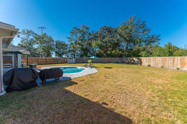 view of yard featuring a shed and a fenced in pool