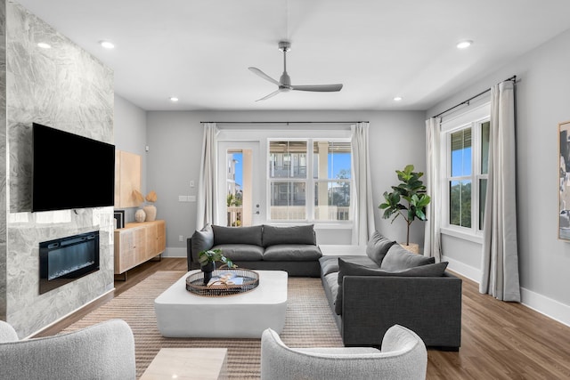 living room featuring wood-type flooring, a premium fireplace, and a wealth of natural light