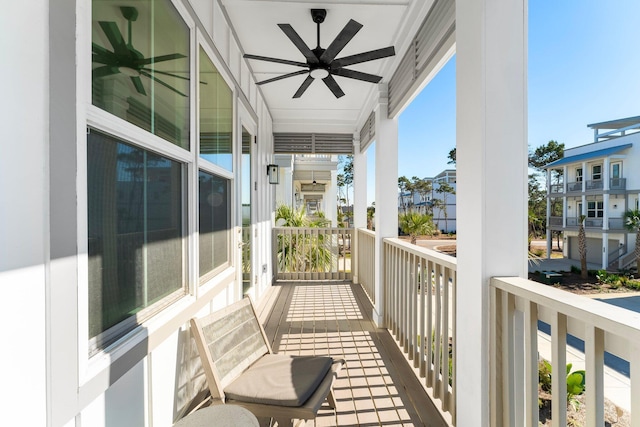 balcony featuring ceiling fan and covered porch