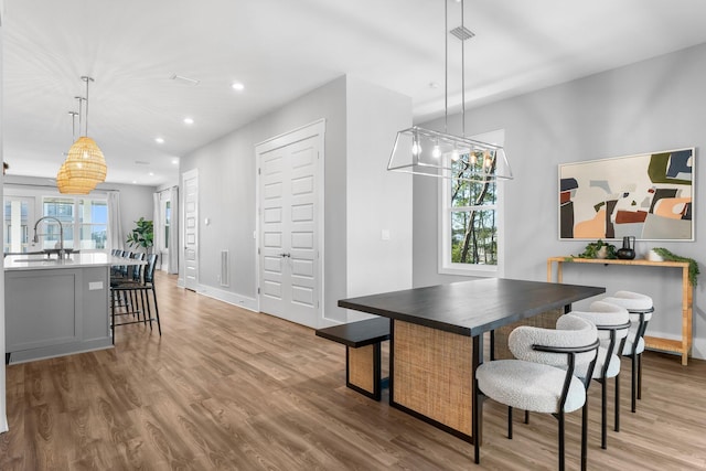 dining room with sink and hardwood / wood-style floors