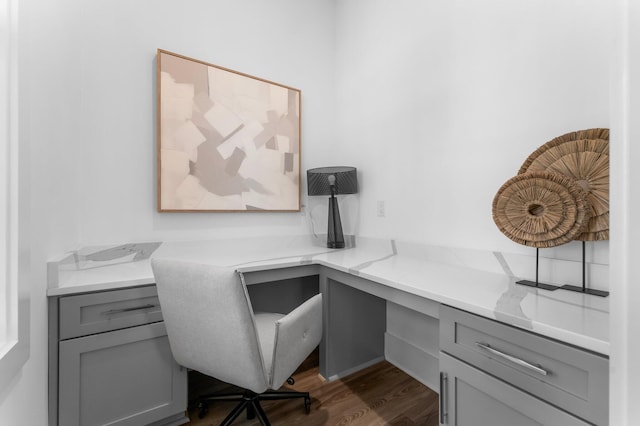 office area featuring built in desk and dark hardwood / wood-style flooring