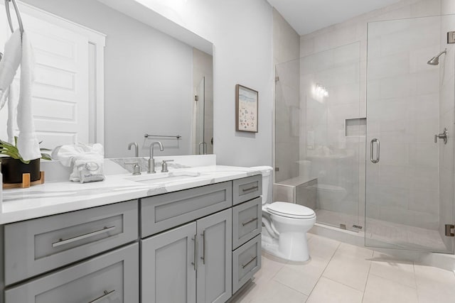 bathroom with walk in shower, tile patterned floors, toilet, and vanity