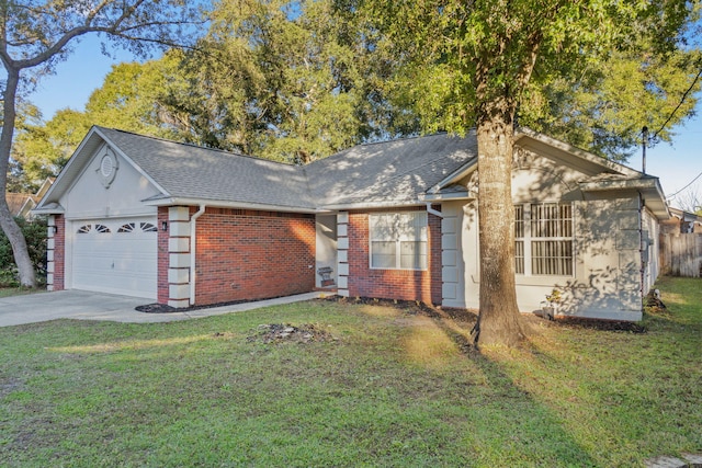 single story home with a front yard and a garage