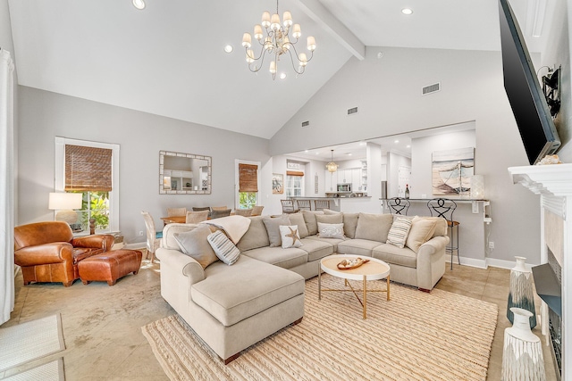 living room featuring beam ceiling, a fireplace, high vaulted ceiling, and an inviting chandelier