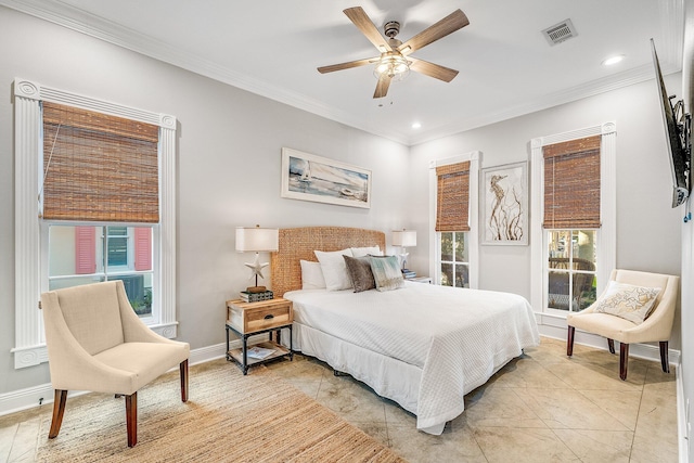 tiled bedroom featuring multiple windows, ceiling fan, and ornamental molding